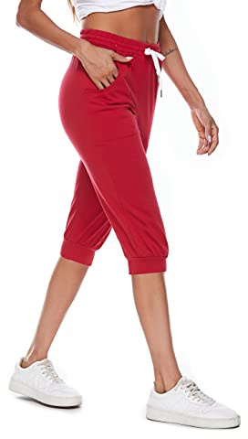 Ietaoo Joggingbyxor dam 3/4 sportbyxor sommar bomull capribyxor sweatpants löparbyxor fritidsbyxor sport fitness yogabyxor med ficka, Vinröd, M