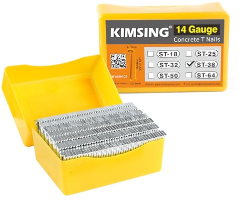 KIMSING ST38 Beton-T-Nägel, 14 Gauge 38mm Länge, 800PCS/BOX, verzinkte Beton-Nägel mit glattem Schaft für Beton-T-Nagler | Verzinkte Stahl-Zementnägel für Beton-Nagler für Betonblock, Ziegelwand, Holzböden, Furringstreifen