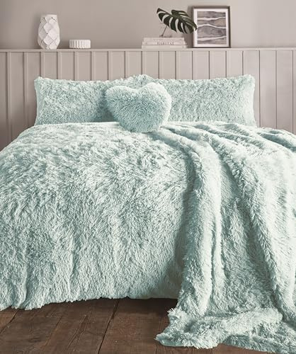 LIZZIE JACOBS Cuddles Fluffy Fur Fleece Luxurious Hug Snug Duvet Cover Sets Super Soft Warm Cosy Snuggle Long Pile Fleece Quilt Cover Sets Reversible Bedding Sets (Duck Egg, Single)