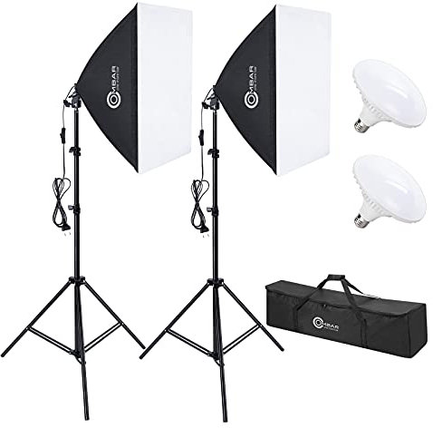 OMBAR Softbox Kit di Illuminazione 50*50 cm 50 W * 2 Luci LED a Disco 108 Pezzi 4500 LM Materiale Riflettente a Risparmio Energetico, Supporto Regolabile Facile da Trasportare 2 Set