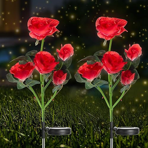NEWMEN Solar Lights Outdoor, 2 Pack Solar Powered Waterproof with 10 Bigger Red Rose, Waterproof Garden Flower Lighting for Lawn Patio Pathway Party Wedding