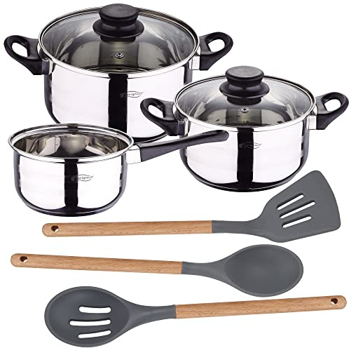 San Ignacio PACK BATERÍA DE COCINA 5 PIEZAS SET DE 3PC UTENSILIOS DE COCINA DE SILICONA Y MADERA, PK4909