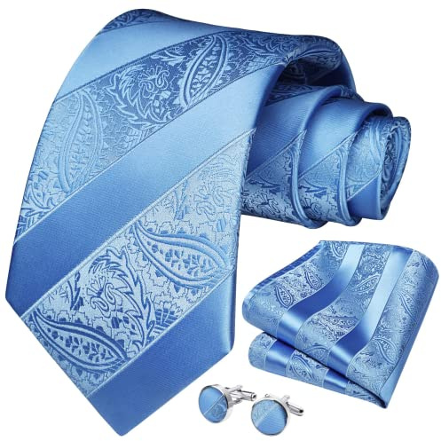 HISDERN Herren Krawatte Blau Paisley mit Krawatte & Einstecktuch Manschettenknopf Set Krawatten für Herren Blumen Paisley für Feierliche Hochzeit, Blau