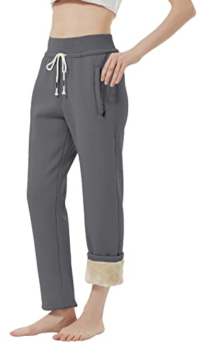 Kanpola Damjoggingbyxor, varma fleecefodrade träningsbyxor, sportbyxor, vinter, vadderade yogabyxor, fritidsbyxor, enfärgade sweatbyxor, bekväma raka ben, byxor, vinterbyxor, Mörkgrå, L