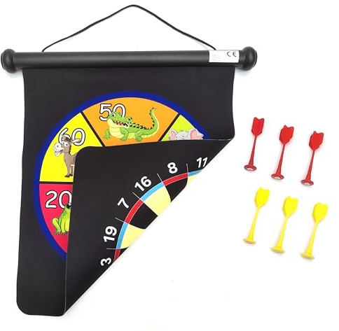 Carromco Magnetische Dartscheibe für Kinder aufrollbar | 6 magnetische Pfeile, Beidseitig mit Dart & Tiermotiven, Indoor Outdoor, Lernspielzeug