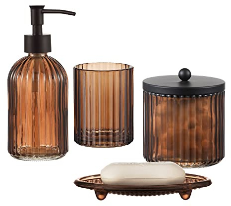 4PCs Heavy Weight Decent Glass Bathroom Accessories Set with Decorative Pressed Pattern - Includes Hand Soap Dispenser & Tumbler & Soap Dish & Toothbrush Holder (Brown)