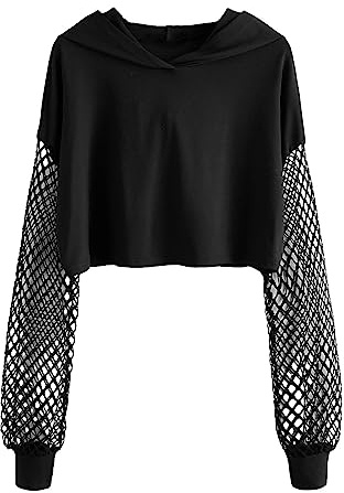 GORGLITTER Women's Fishnet Mesh Hoodie Y2K Crop Tops Long Sleeve Hooded Sweatshirt Pullover Top