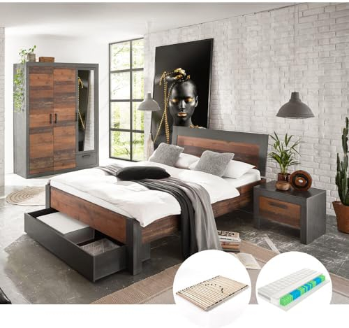 Lomadox Schlafzimmer Komplett Set in Matera anthrazit/grau mit Old Mix Dekor inkl. Lattenrost, Matratze
