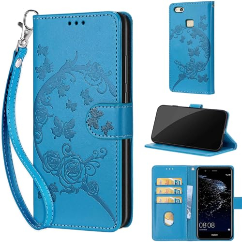 Handyhülle für Huawei P10 Lite Hülle, Stoßfesten Kunstleder Flip Wallet Case Klapphülle mit [Standfunktion] [Kartenfach] Handyhülle kompatibel Huawei P10 Lite Blau