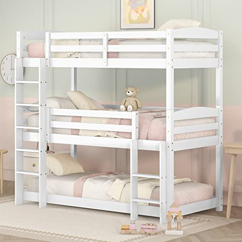 Azkoeesy 3-Kinder-Stockbett, Dreibett Kinderzimmer, Etagenbett 90 x 200 cm, umwandelbar in 2 Einzelbetten, Kinderbett, Jugendbett, Kiefernholz, weiß, ohne Matratze
