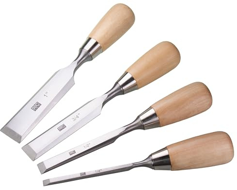 4 Piece Bevel Edge Butt Chisel Set 1/4 inch(6mm), 1/2 inch(12mm), 3/4 inch(20mm), 1 Inch(26mm) with Hornbeam Handles and Stainless Steel Ferrules