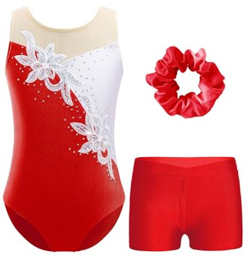 FEESHOW Kinder Turnanzug Mädchen Mit Kurzer Hose Ärmellose Glitzer Pailletten Strass Turntrikot Gymnastik Body Shorts Haargummi Set