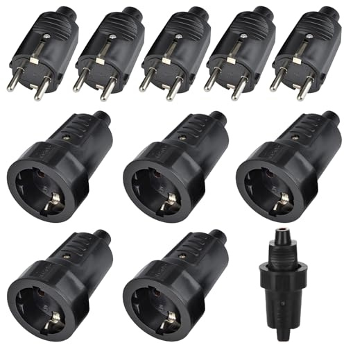 GOEDCH 5 Paar Schuko Stecker Kupplung: 250V 16A IP44 Schutzkontakt Stecker, Gummi Schukokupplung Set, 2-Polig Aussen Wasserdicht Schukostecker ohne Kabel für Außenbereich(Schwarz)
