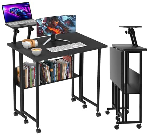 CHOWGOLI Schreibtisch Klappbar, Klappbarer Computertisch mit Rollen, Klappbarer Schreibtisch mit Lagerregale, Platzsparender Klappschreibtisch, 80x58x75cm, Schwarz