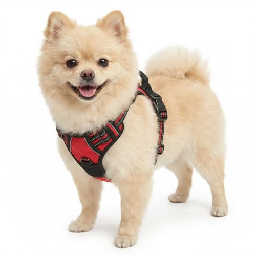 Funfox Hundegeschirr Kleine Hunde, Anti Zug Brustgeschirr Verstellbares Welpengeschirr, Antiziehgeschirr mit Griff und Reflektorstreifen, No Pull Geschirr für Kleine Mittlere Grosse Rot S
