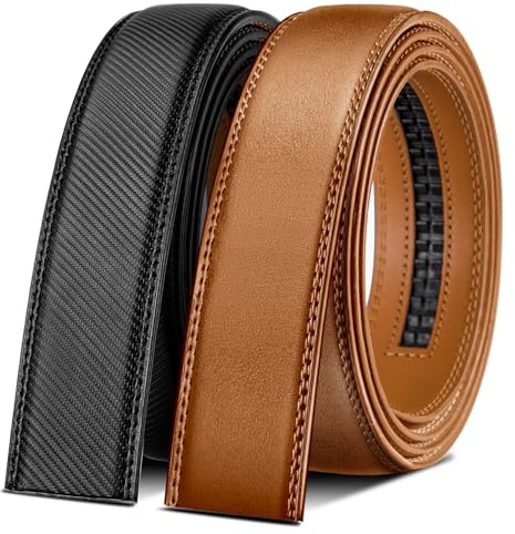 BULLIANT Gürtel Herren 2er, Ledergürtel Automatikschließe Ratsche Gürtel Anzug 35mm,Ohne Schnalle,Größe Angepasst(Schwarz/Orange Braun,120cm/26-40 taille verstellbar)