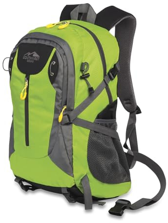 Wanderrucksack,Trekkingrucksack, Radrucksack, Outdoorrucksack in gut sichtbarem hellgrün, ausgestattet mit vielen Fächern mit Flaschen Halterungen auf der Seite sowie einem Bauch und Brustgurt