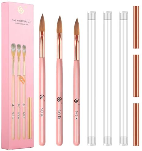 Kolinsky - Set di 3 pennelli acrilici per unghie, misure 8/10/14, con manico in legno rosa, pennelli per nail art, kit di strumenti per unghie in polvere acrilica, extension per unghie e nail art fai