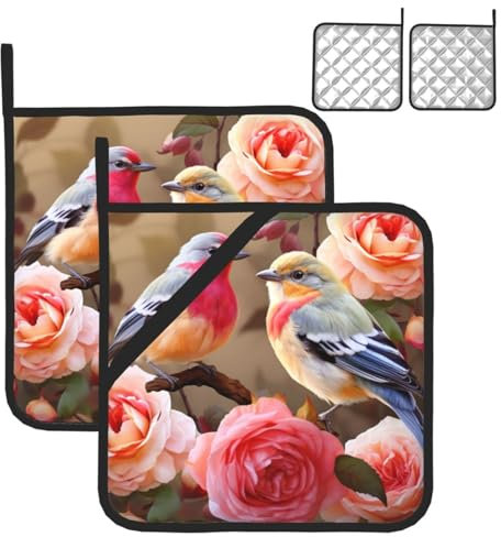 Topflappen-Set, hitzebeständig, Motiv: englische Rosen, Vögel, Ofen, heiße Pads, waschbare Topflappen für Küche, quadratischer Untersetzer mit Aufhängeschlaufen, heiße Matten zum Grillen, Backen, 20,3