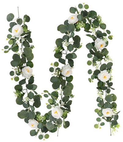 2 Stück Eukalyptus Girlande Deko, 180cm Verschlüsselt Eukalyptus Pflanze Künstlich Blumengirlande für Hochzeiten Partys Esstische Kaminsimse Treppen Türrahmen Heimdekoration Blume (Grün mit Blumen)