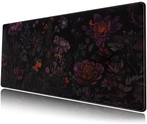 Dark Cottagecore Desk Mat Black Purple Flower XL Mouse Pad Large Gaming Mousepad Extended Vintage Aesthetic Desk Pad Keyboard Mouse Mat 31.5 x 11.8 in for Work Game Office Decor