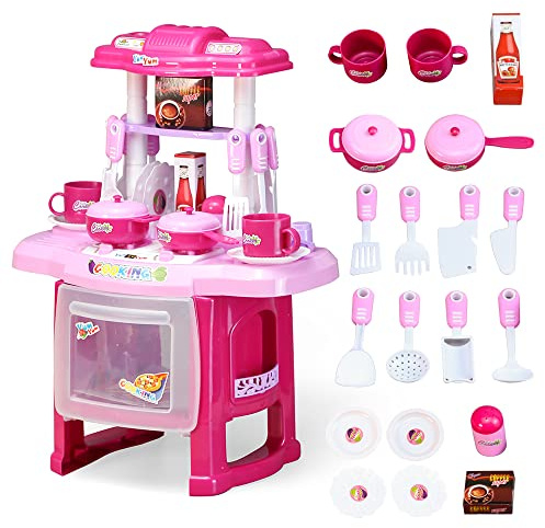 EVERGD Kids Pretend Play Kitchen Toy Set 24 Accessories Toy Miniature Kitchen Cookware Playset Role Playing with Realistic Cooking Light and Sound Gifts for Kids Ages 3+ (Pink)