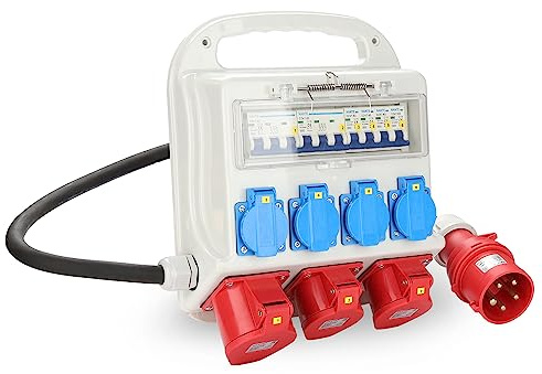 Fiqops Distributore di corrente di costruzione, IP44 con coperchio di sicurezza, distributore di prese 4 x 230 V + 2 x 16 A 400 V CEE + 1 x 32 A 400 V CEE 5 poli per fabbriche interne ed esterne