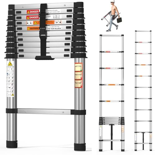 3.2m Verdickte Teleskopleiter Ausziehbare Leiter Edelstahl Teleskopleiter 10.5FT Schrittleiter 330lbs Kapazität, stärker als Aluminiumleiter