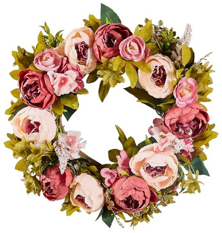 VEVOR Artificial Decorative Wreath, 19 in, Pink, Decorated with Peonies, Hydrangeas, Babysbreath, Year Round Wreath for All Seasons Indoor and Outdoor Home Wall Window Festival Wedding Decorations