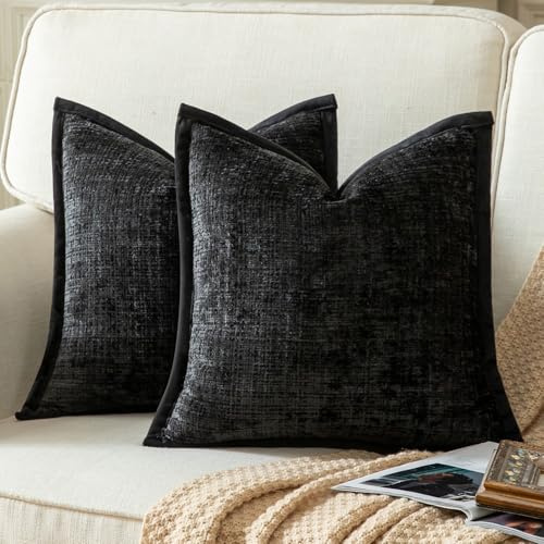 Yaertun 2er Set Kissenbezug Schwarz 60x60cm Chenille Kissenbezüge Kissenhülle Dekokissenbezug sofakissen dekokissen deko Samtrückseite für Sofa Schlafzimmer Wohnzimmer Weiche Gemütliche