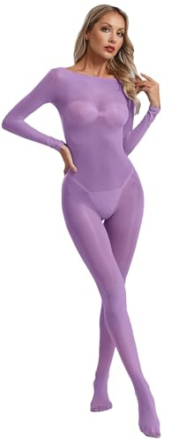 Miutii Womens Sexy Mesh Sheer Silky Jumpsuit See Through Bodycon Bodystocking Tights Long Sleeve Full Body Unitards Purple One Size