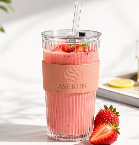 ASERON Geripptes Trinkglas 600 ml mit Deckel & Glas Strohhalm – Robuster Smoothie Becher mit Cup Sleeve, Auslaufsicher, für Kaffee, Cocktails & Getränke, Pink