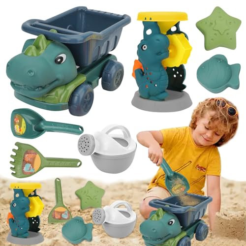 Yarteim Kinder Sandspielzeug ab 3 Jahre, Dino Sandkasten Spielzeug Set, Strandspielzeug Kinder mit Wasserrad, Gießkanne, Sandformen, Tasche, Dinosaurier Kipplaster, Sand Spielzeug für Jungen Mädchen