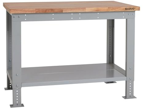 BiGDUG Height Adjustable Workbench - Heavy Duty Workshop Table - 877H x 1215W x 750D mm - Wood Worktop Full Depth Lower Shelf