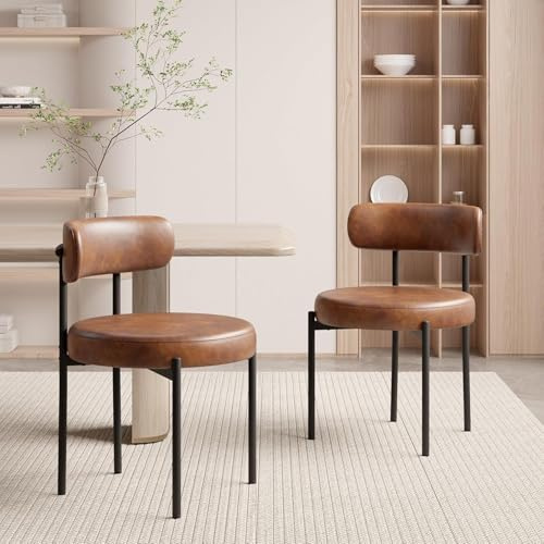 Hawthyhome Esszimmerstühle 2er Set PU Leather Gepolstert Stuhl Braun | Runde Boucle Esszimmerstuhl,Mid-Century Stühle Esszimmer mit Metallbeinen und Rückenlehne für Esszimmer,Wohnzimmer, Büro