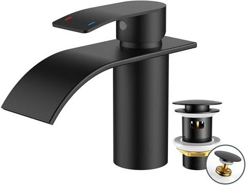 FORIOUS Wasserhahn Bad Schwarz mit Ablaufgarnitur, Edelstahl Wasserfall Waschbeckenarmatur mit Auslaufhöhe 80MM, Einhebel-Mischbatterie für Kaltes und Warmes Wasser im Badezimmer