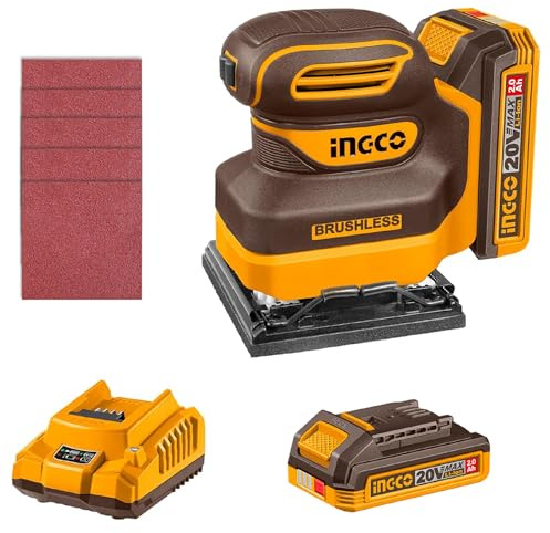 INGCO 20V Cordless 1/4 Sheet Sander, Brushless Motor, 12000RPM, Electric Quarter Sheet Palm Sander with 1Pcs 2.0Ah Battery and 1Pcs Charger CSHSLI20241