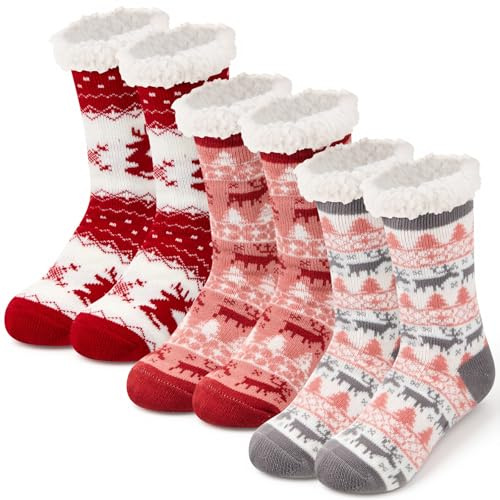 Hestya 3 Paia Calzini Natalizi Soffici Caldi Calze a Pantofola di Natale Antiscivolo per Donna(Unisex,Alce)