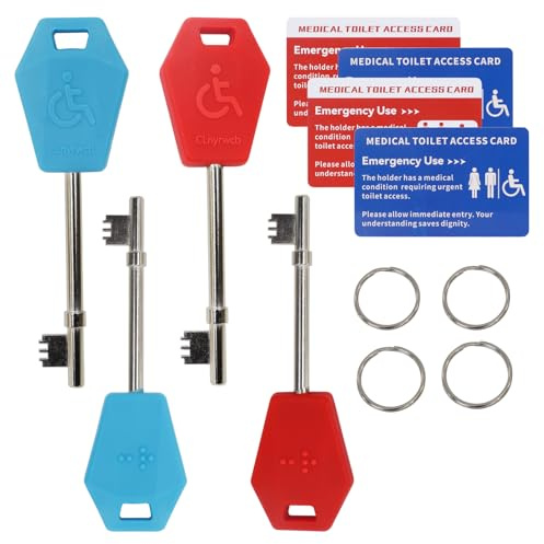 Disabled Toilet Key Universal 4pc - Works with Radar & NKS Locks | Braille dots, Rust-resistant alloy, Non-slip grip, Keyring loop, Help card, For public & care homes