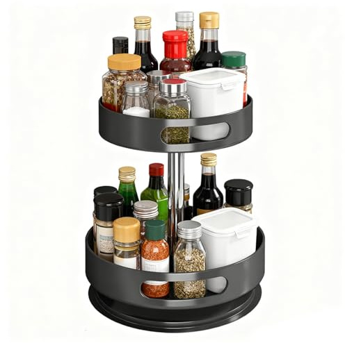 Portaspezie Girevole a 2 Livelli, Organizzatore Spezie in Metallo Lazy Susan per Armadietti, Porta Spezie Girevole per Cucina, Organizer Regolabile in Altezza per Cosmetici Bagno