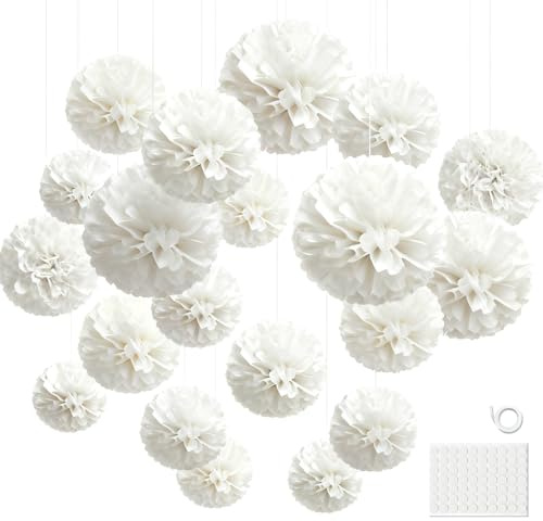 Hexizexi 20 Stück Weiß Seidenpapier Pompons Papier Pompoms Pompoms Deko | Tissue Paper Pom Poms für Hochzeitsdekoration Kommunion Dekoration Babypartys Geburtstage Party und Valentinstag