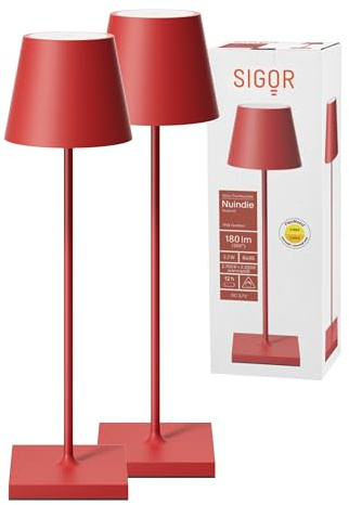 SIGOR Nuindie 2.0 Akku-Tischlampe, 2er-Set, feuerrot | Dimmbar • Indoor & Outdoor • IP54 • 38 cm • USB-C • 12 h Leuchtdauer