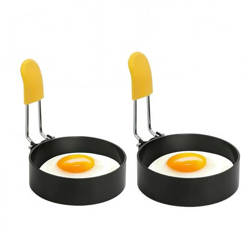 BAISEBAOFU 2 Pack Stainless Steel Egg Rings with Anti-Scald Folding Handle Non Stick Coating Suitable for Egg Frying Shaping Pancakes Mini Burgers (2 Pack)