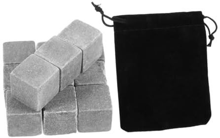 TOPPERFUN Set 12 Pietre Refrigeranti per Whisky in Marmo Grigio, Cubetti Riutilizzabili per Raffreddamento Rapido senza Diluzione, Accessori per Bar e Feste Sacchetto in Velluto Nero