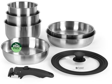 Russell Hobbs Smart Clip Cookware Set, 8 Piece, Stainless Steel | Detachable clip-on handle, stackable design, universal glass lid, oven safe to 200°C, PFAS and PFOA free coating