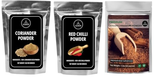 Coriander Seed Powder 5lbs, Red Chilli Powder 5lbs & Ceylon Cinnamon Powder 1lb | Multi-Use Botanical Powder Set | Value Combo Pack