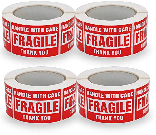 4 Rollen, 50mm x 75mm, Warnaufkleber für zerbrechliche Waren, 2000 Etiketten werden verwendet, um die Verpackung zu schützen, HANDLE with CARE FRAGILE THANK YOU