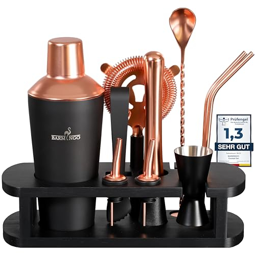 BARMINGO Shaker Cocktail Kit | 11 Pièces, Volume de 700 ML, Noir - Rosé | Shaker Cocktail INOX avec Support et Accessoires de Bar | Set Barman Cocktail Shaker | Kit Cocktail Professionnel