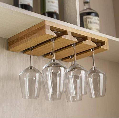 Kework Bamboo Wine Glass Holder, Hanging Stemware Display Rack, Under Cabinet Mounted Wine Glass Drying Storage Hanger Organizer Rack