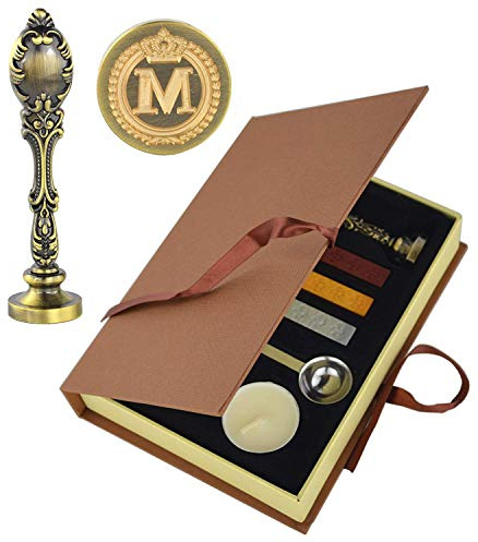 Hexint Vintage initialer bokstav vax sigill stämpel kit, retro klassisk tätning vax stämpel med metallhandtag presentförpackning set bronsfärg (senare M)